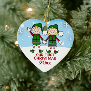 Elf Couple First Kerstversier Keramisch Ornament