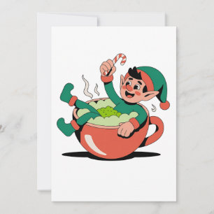 Elf die een Matcha-badkuip neemt voor Elf Kerstmis Bedankkaart