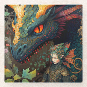 Elf en Dragon Fantasy Art Glazen Onderzetter