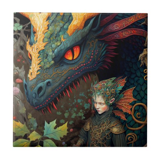 Elf en Dragon Fantasy Art Tegeltje (Voorkant)