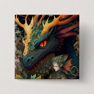 Elf en Dragon Fantasy Art Vierkante Button 5,1 Cm