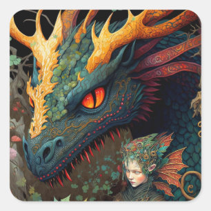 Elf en Dragon Fantasy Art Vierkante Sticker