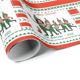 Elf familie van zes inclusief hond rood groen patr cadeaupapier