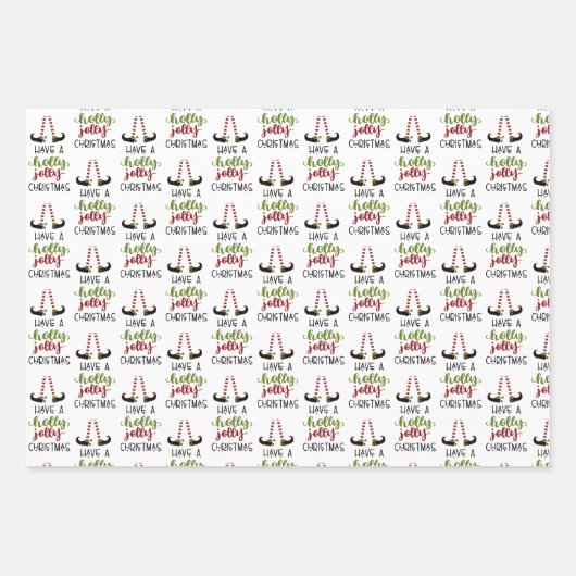 Elf HOLLY JOLLY KERST Stippen Strepen Inpakpapier Vel (Voorkant)