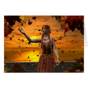 Elf in vallende bladeren tegen een herfstzonsonder