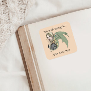 Elf krijger draak fantasie magische ex-libris vierkante sticker
