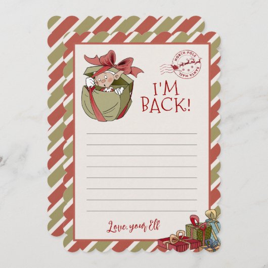 Elf Letter "I m Back" Editable Notecards Kaart (Voorkant / Achterkant)