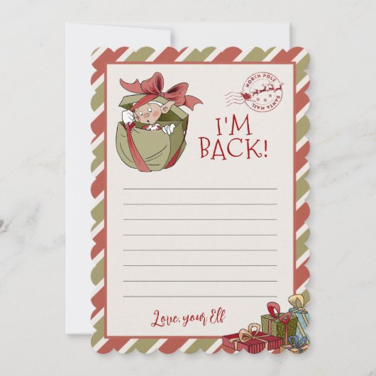Elf Letter "I m Back" Editable Notecards Kaart (Voorkant)