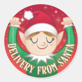 Elf-levering vanaf kerstrood in groen ronde sticker (Voorkant)