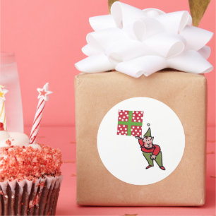 Elf met cadeau met polka stippen witte ronde grote sticker