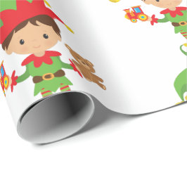 Elf met cadeaus en witte achtergrond cadeaupapier