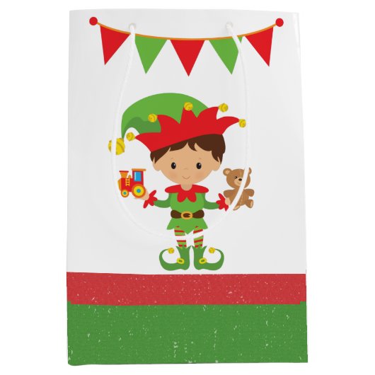 Elf met cadeaus en witte achtergrond-wrappen medium cadeauzakje (Voorkant)