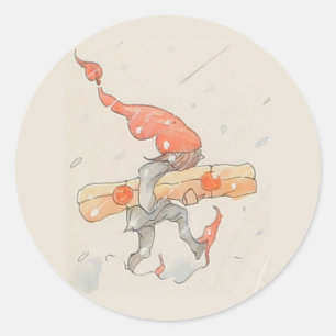 Elf met kerstcadeau, oude illustratie ronde sticker