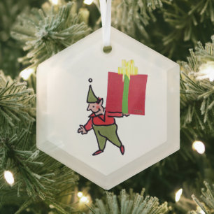 Elf Met Rode Doos zeshoekige glazen ornament