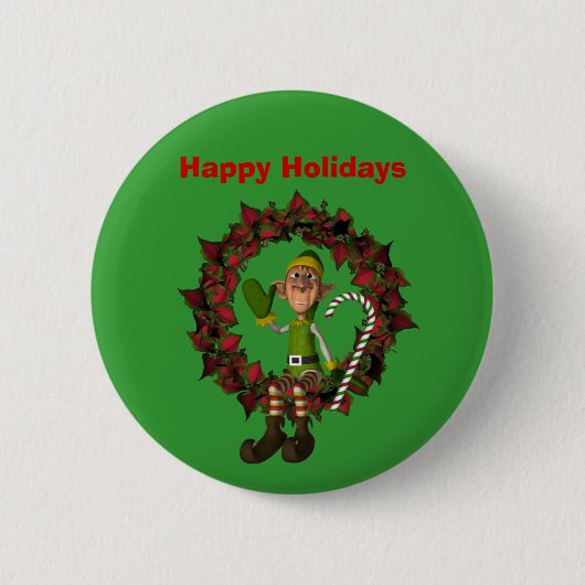 Elf op Wreate Kerstfeestdag Button Pin (Voorkant)