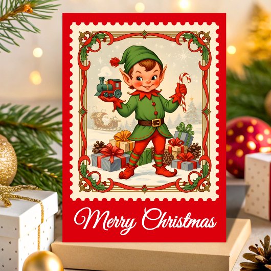Elf Retro Postzegel Kerstmis Feestdagen Kaart