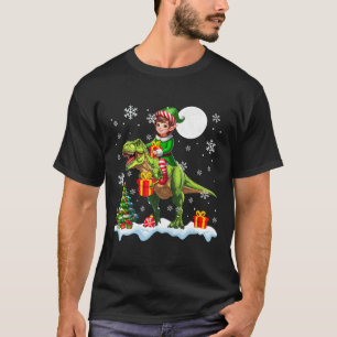 Elf Rijden T-rex Kerstboom Kleurrijke Lichten Lo T-shirt