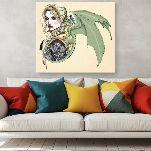 Elf Warrior Dragon Fantasy Canvas Afdruk