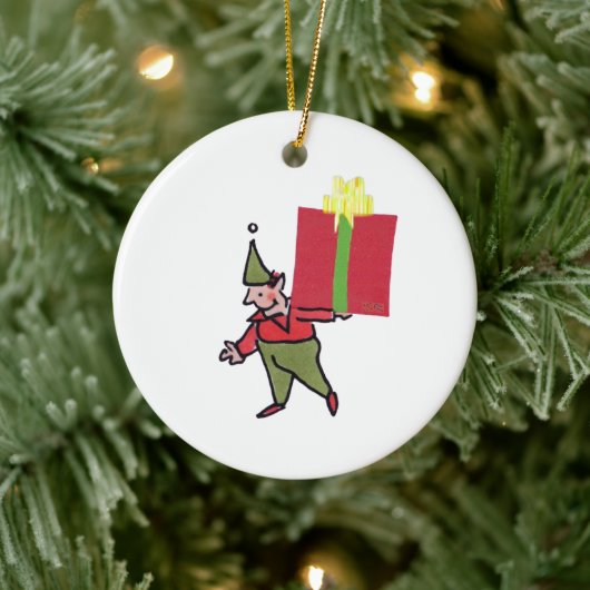 Elf With Red Box round ceramic ornament (Boom)
