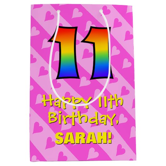 elfde verjaardag: Fun roze hartenstrepen; Regenboo Medium Cadeauzakje (Voorkant)