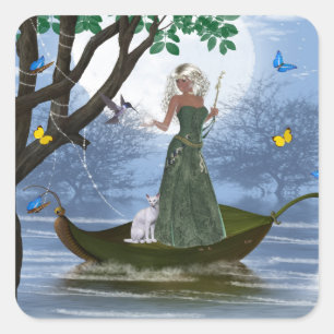 Elfe avec Chat Blanc équitation sur un Stickers Fe