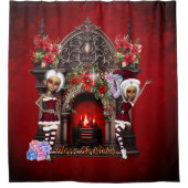 Elfen kijken uit naar Kerstmis. Douchegordijn (Voorkant)