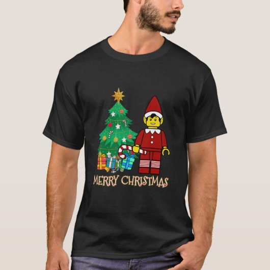 Elffiguur Vrolijk kerstblokken bakstenen gebouw T-shirt (Voorkant)