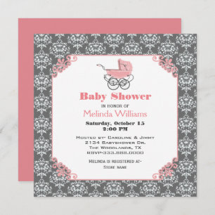 Elgant Damask Pink Stroller Baby shower Invitation Kaart