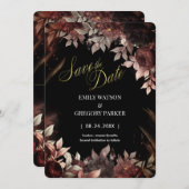 Elgant Gotisch Bourgondië Rood en Zwart Bloemen Save The Date (Voorkant / Achterkant)