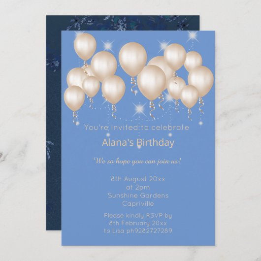 ELGANT MODERN SPRING NAVY BALLOON Sparkle Kaart (Voorkant / Achterkant)