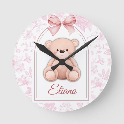 Eliana | Aangepaste Roze Teddybeer Nursery Design Ronde Klok (Voorkant)