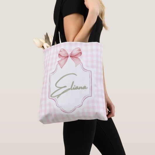 Eliana Gepersonaliseerde Roze Bow & Gingham Print Draagtas (Dichtbij)