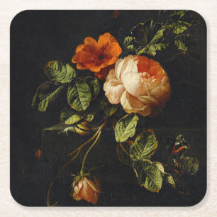 Elias van den Broeck, stil leven met Rozen Vierkante Kartonnen Onderzetter