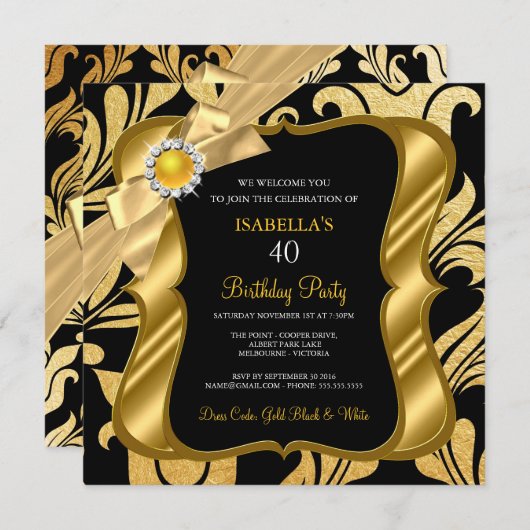 Elite Pearl Gold Bow Black Damask Invitation d'ann (Devant / Derrière)