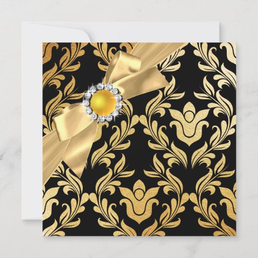 Elite Pearl Gold Bow Black Damask Invitation d'ann (Dos)