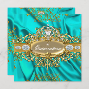 Elite Quinceanera Blauwgroen Silk Silver Gold Part Kaart