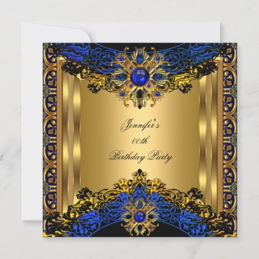 Elite Royal Blue Gem Gold Black Birthday Party Kaart (Voorkant)