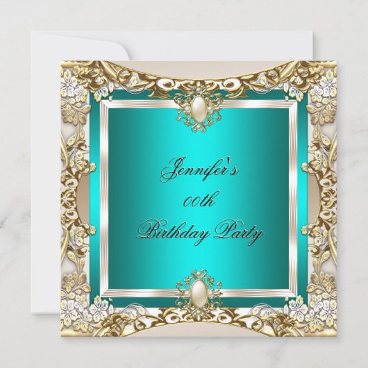 Elite Turquoise Crème Goud Parel Verjaardagsfeestj Kaart (Voorkant)