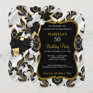 Elite White Pearl Gold Black Damask Party nodigt u Kaart