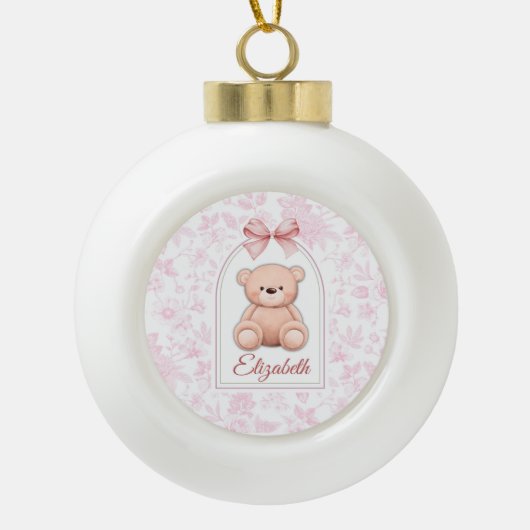 Elizabeth | Aangepaste Roze Teddybeer Nursery Desi Keramische Bal Ornament (Voorkant)