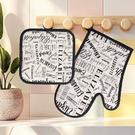 Elizabeth Black White Aangepaste naam Ovenwant & Pannenlap Set