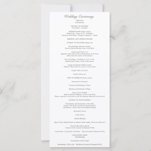 Elizabeth Catholic Wedding Programme avec Messe (Dos)