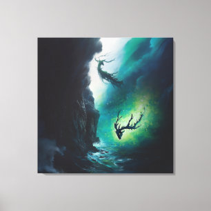 Elk Antlers Magical Witchy Green Portal AI Art Canvas Afdruk