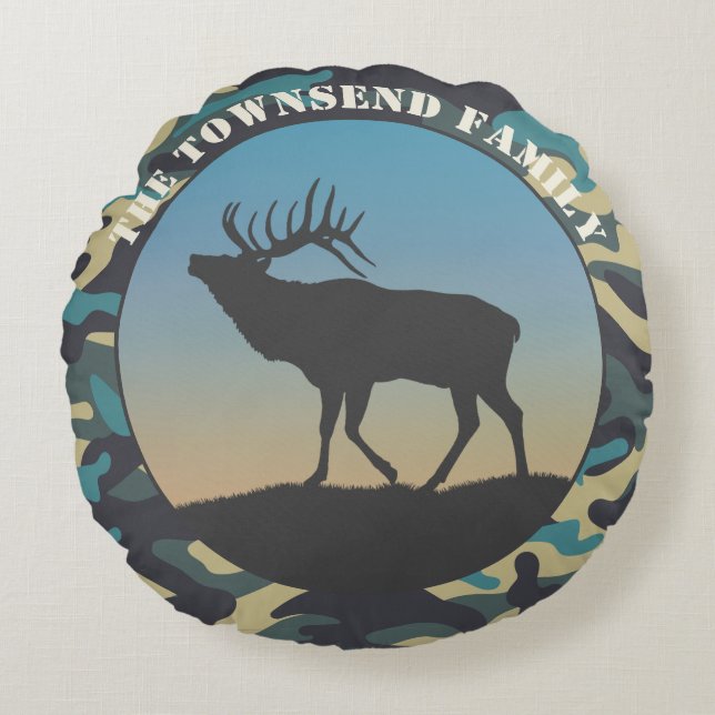 Elk en Camo Blue Rond Kussen (Voorkant)