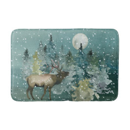 Elk in Forest Full Moon Snowfall Waterverf Badmat
