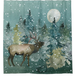 Elk in Forest Full Moon Snowfall Waterverf Douchegordijn