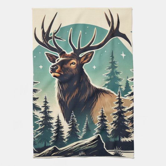 Elk in gestileerd bos met Sterrennacht Sky Theedoek (Verticaal)