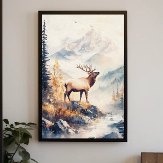 Elk in Mountain Forest Scenery Natuur Esthetisch Poster