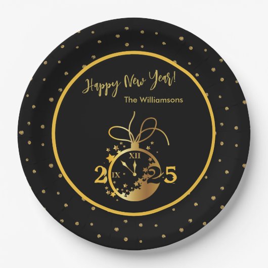 Elk jaar Happy New Year's Black Gold Clock Papieren Bordje (Voorkant)