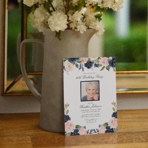 Elke Age Blue Pink Floral Foto Birthday Party Kaart